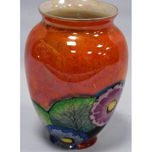 212 - Carlton Ware 'Hollyhocks' pattern lustre vase in colourful underglaze on an orange ground, 15cm high... 