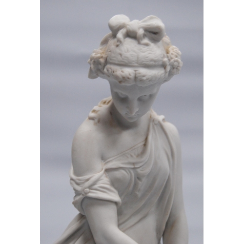 216 - Parian ware figurine modelled as a classical Goddess holding an amphora jug, with applied bouquet of... 