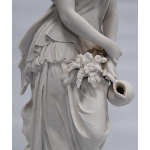 216 - Parian ware figurine modelled as a classical Goddess holding an amphora jug, with applied bouquet of... 