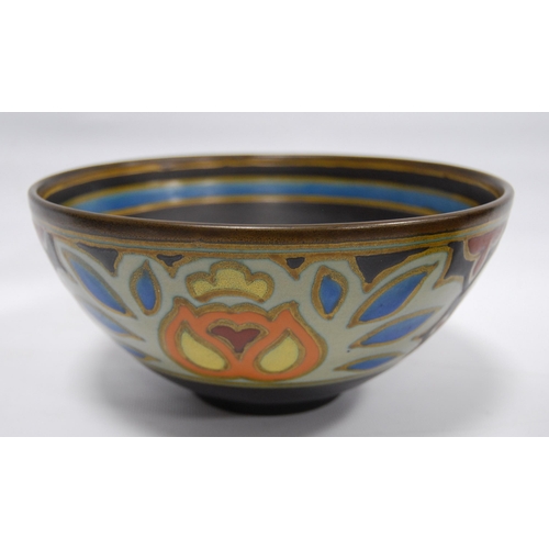 217 - Gouda Pottery shallow bowl, the well decorated with colourful toadstools within blue and gold rounde... 