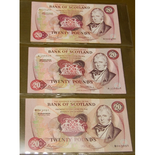 160 - Three Bank of Scotland £20 banknotes, 132-1 issued October 1st 1970, signed Polwarth/Walker, no. A00... 