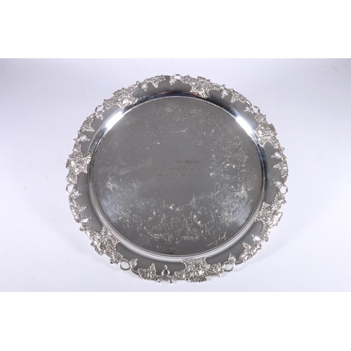 377 - Teachers whisky interest, a silver plated salver tray with fruiting grape vine border, the central c... 