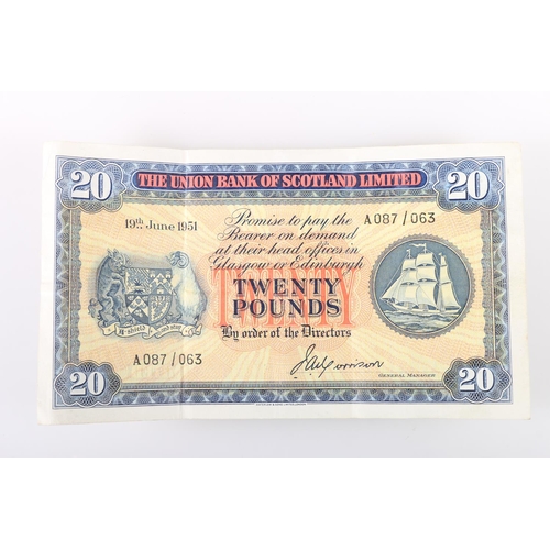 572 - THE UNION BANK OF SCOTLAND LIMITED twenty pound £20 banknote 19th June 1951 J A Morrison A087/... 