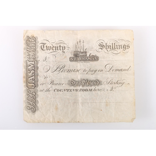 580 - 19th century Scottish Provincial twenty shilling banknote of Stornoway, Shetland Islands, circa 1820... 