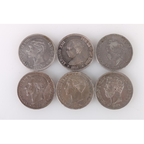 587 - SPAIN Amadeo I (1871-1873) silver five pesetas 1871 SD-M KM666, Alfonso XII (1874-1885) silver five ... 