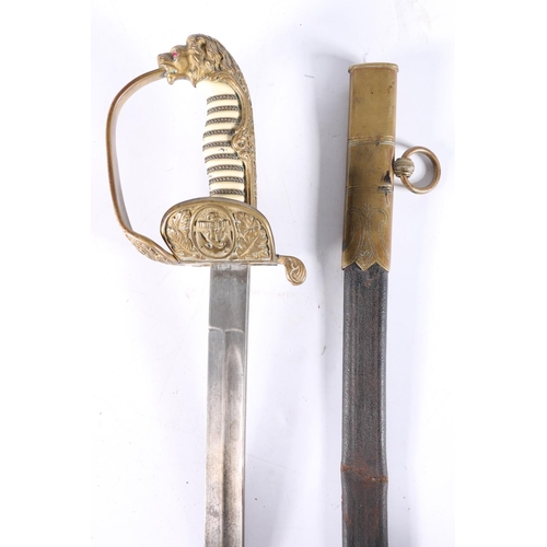 827 - German naval officers sword, the blade by Alexander Coppel of Solingen, brass hilt with anchor carto... 