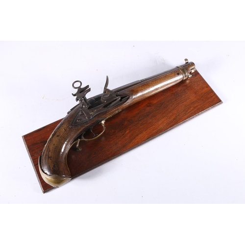 830 - Antique flintlock pistol with white metal and brass mounts, barrel length 23cm long, pistol 36cm lon... 