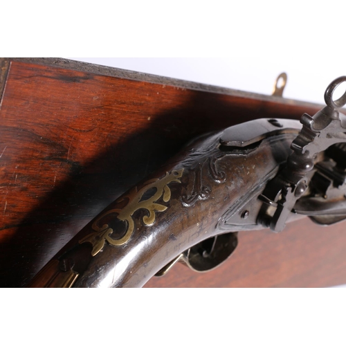 830 - Antique flintlock pistol with white metal and brass mounts, barrel length 23cm long, pistol 36cm lon... 