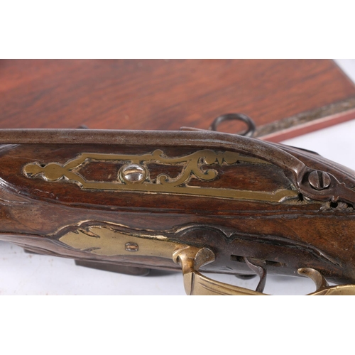 830 - Antique flintlock pistol with white metal and brass mounts, barrel length 23cm long, pistol 36cm lon... 