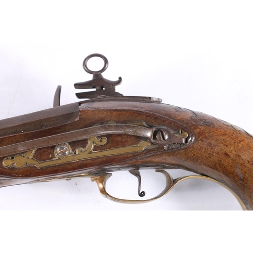 830 - Antique flintlock pistol with white metal and brass mounts, barrel length 23cm long, pistol 36cm lon... 