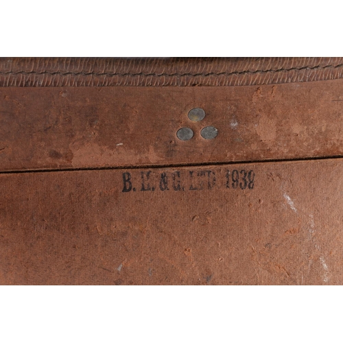 831 - War Department issue brown leather cartridge box carrier, the interior inked 'B H & G  Ltd ... 