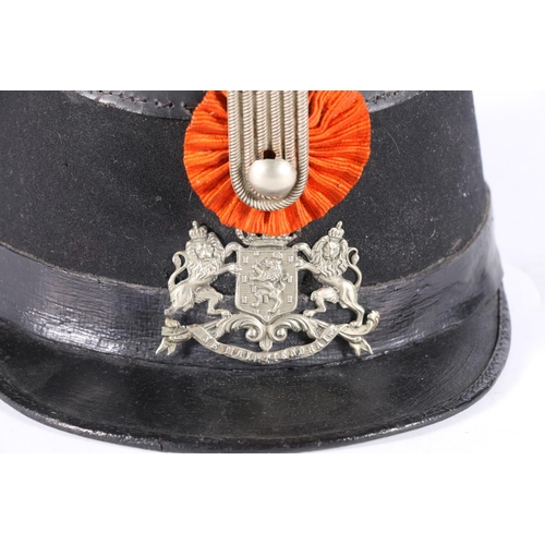 839 - Antique Dutch shako cap with white metal 'Je Maintiendrai' and Netherlands coat of arms cap badge, a... 