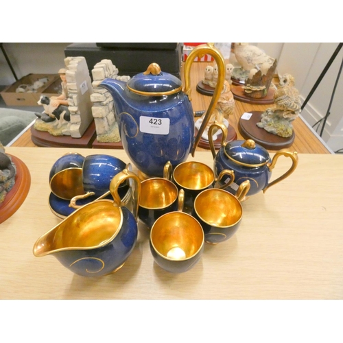 423 - Carlton Ware pattern 1974 coffee set with dappled blue bodies, gilt swirl to the centre and with gil... 