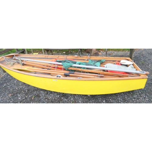 590 - Vintage 16' Mirror type sailing dinghy of leaf form and of marine ply and teak construction. With sa... 