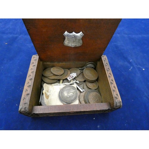 268 - Treen box of various British pennies, Maori box 1959 Lions Tour interest. 