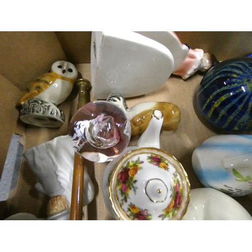 298 - Large box of household including tea ware, paperweights etc