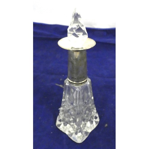 326 - Silver collar cut glass scent bottle.