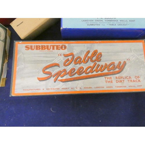 363 - Box of vintage Subbuteo to include Speedway, Cricket, Fireside etc.