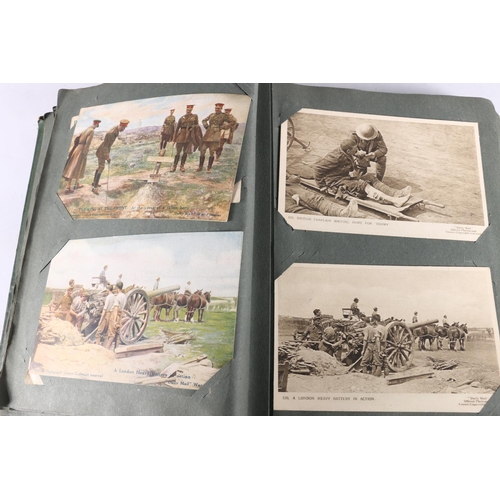 421 - Postcard collection of around 100 postcards held in three albums including many of war interest with... 