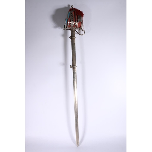 805 - Scottish regimental basket hilted broad sword, the etched blade with double fullers, steel guard wit... 