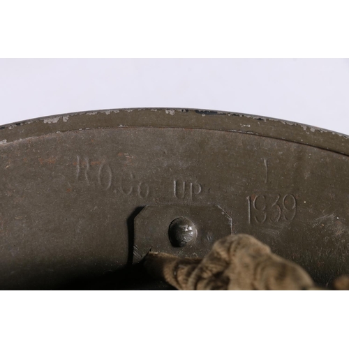 841 - British WWII Warden's helmet, the interior stamped 'R.O.Co UP 1/1939', painted marks 'W' with black ... 