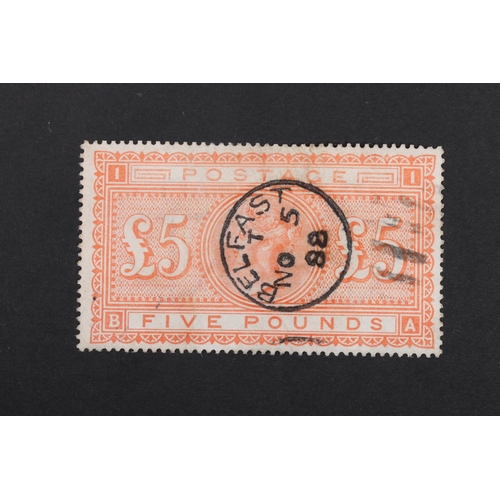 466 - GB Queen Victoria QV five pound £5 orange, plate 1, position 'BA', used with CDS for Belfast 1888, S... 