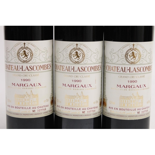 351 - Three bottles of CHATEAU LASCOMBES 1990 grand cru classe Margaux, bottle numbers 227704, 22705 and 2... 