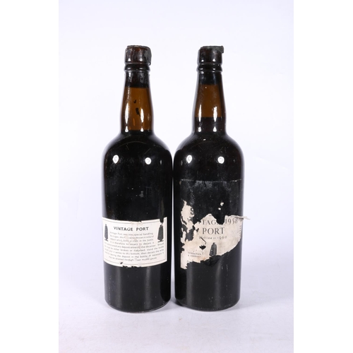 346 - Two bottles of Sandeman vintage port 1958, bottled 1960, on bottle with reverse label only, no abv. ... 