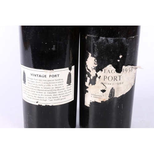 346 - Two bottles of Sandeman vintage port 1958, bottled 1960, on bottle with reverse label only, no abv. ... 