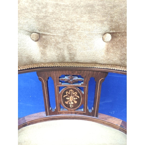 591 - Late Victorian inlaid rosewood ladies parlour armchair of low size with bow back frame, inlaid with ... 