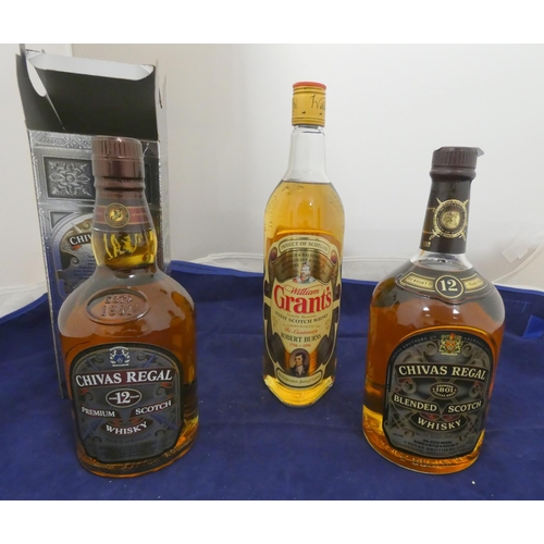 Two bottles of Chivas Regal 12 years old blended scotch whisky, 40% vol,  70cl and 1L, both boxed, wi