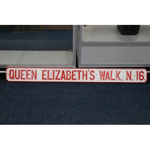 66 - Vintage painted cast metal street sign 'Queen Elizabeth's Walk N.16', 15cm x 152cm.