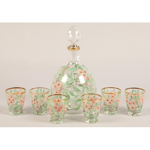 36 - Gilt and floral painted decanter and six glasses (7)