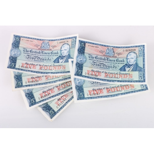 630 - THE BRITISH LINEN BANK five pound £5 banknotes to include a consecutive pair of 17th July 1964 H/12 ... 