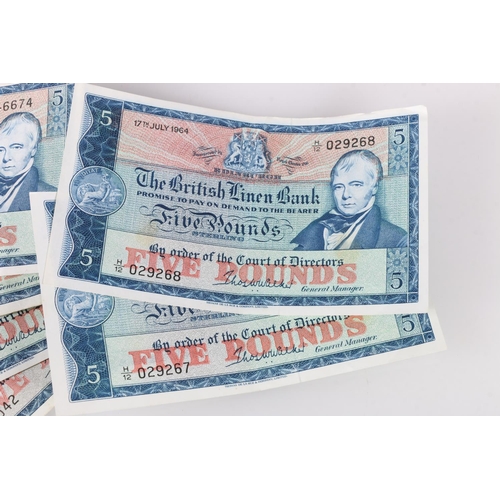 630 - THE BRITISH LINEN BANK five pound £5 banknotes to include a consecutive pair of 17th July 1964 H/12 ... 