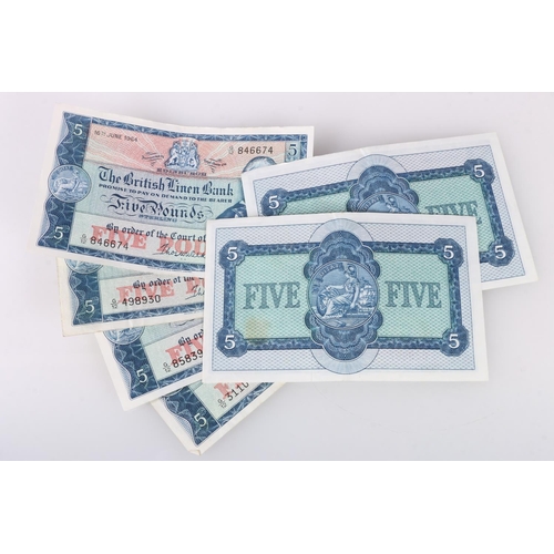 630 - THE BRITISH LINEN BANK five pound £5 banknotes to include a consecutive pair of 17th July 1964 H/12 ... 