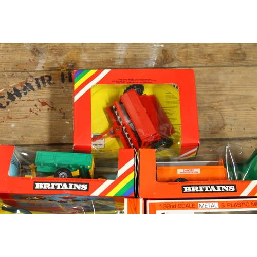 137 - Britians Ltd 1:32 scale farming models including 9542 Forage Harvester, 9577 Seed Drill, 9565 Tippin... 