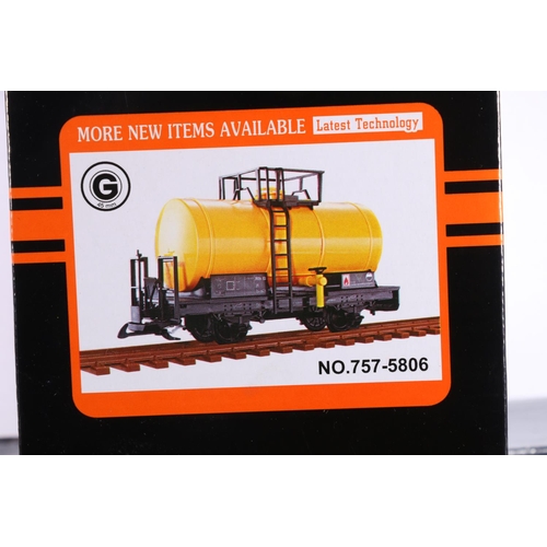 25 - Train G gauge model railways, a 757-5805 double flatbed bogie wagon pack 99-03-95, and 757-5806 Mobi... 