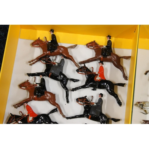 179 - Britains painted lead hunting figures including mounted gentleman in red, black and grey coats, foxe... 