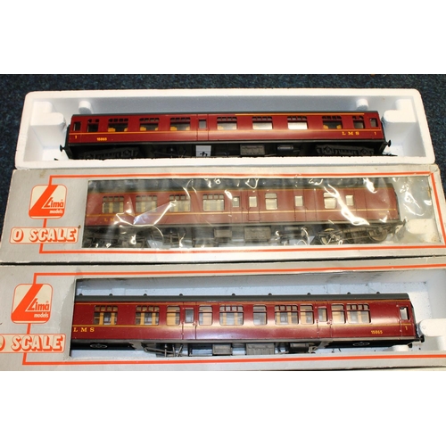 101 - Lima Models O gauge or O scale model railway to include LMS 1st class coach 5051 x2, LMS 1st class c... 