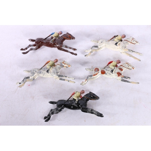 185 - Five Britains style painted lead horse and jockey models. (5)