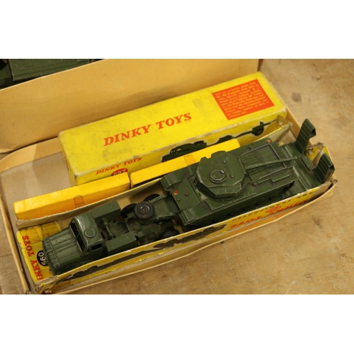 187 - Dinky Toy diecast army related vehicles to include 603 Army Personnel Private Seated boxed, 697 25-p... 