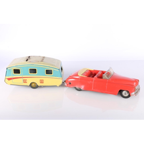 222 - Mettoy 907 Joytown Garage with The Streamline De Luxe Touring Car and Caravan, boxed.