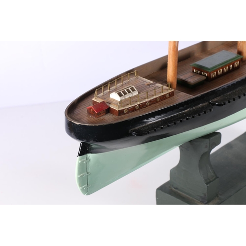 223 - Model ship hull 'Ariel' raided on wooden plinth, 58cm long.