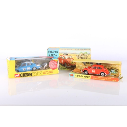 231 - Corgi Toys 256 Volkswagen 1200 in East African Safari Trim on pictorial diorama stand boxed, and Cor... 