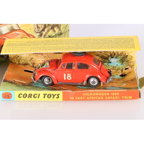 231 - Corgi Toys 256 Volkswagen 1200 in East African Safari Trim on pictorial diorama stand boxed, and Cor... 