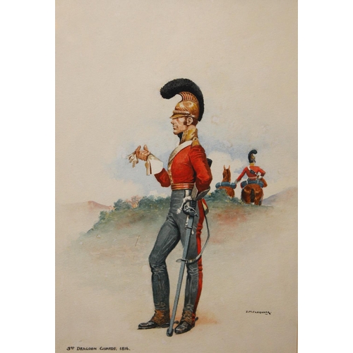 845 - J M FARQUHAR (early 20th century) 3rd Dragoon Guards 1816, watercolour, signed lower right, 32cm x 2... 