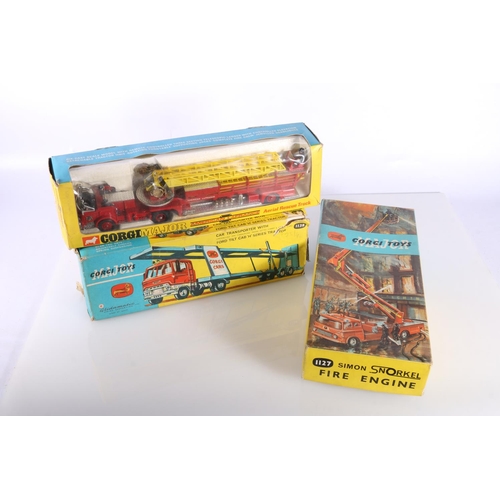 234 - Corgi Major Toys 1143 Aerial Rescue Truck, 1138 Car Transporter with Ford Tilt Cab H Series Tractor,... 