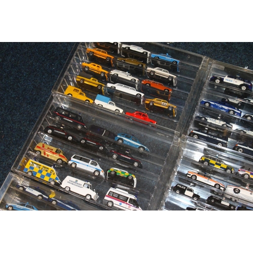 195 - Large collection of diecast emergency and other vehicles held in perspex cases, makers including Lle... 