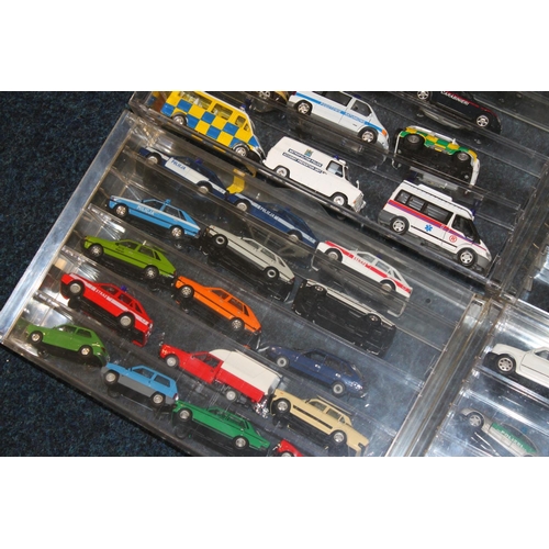 195 - Large collection of diecast emergency and other vehicles held in perspex cases, makers including Lle... 